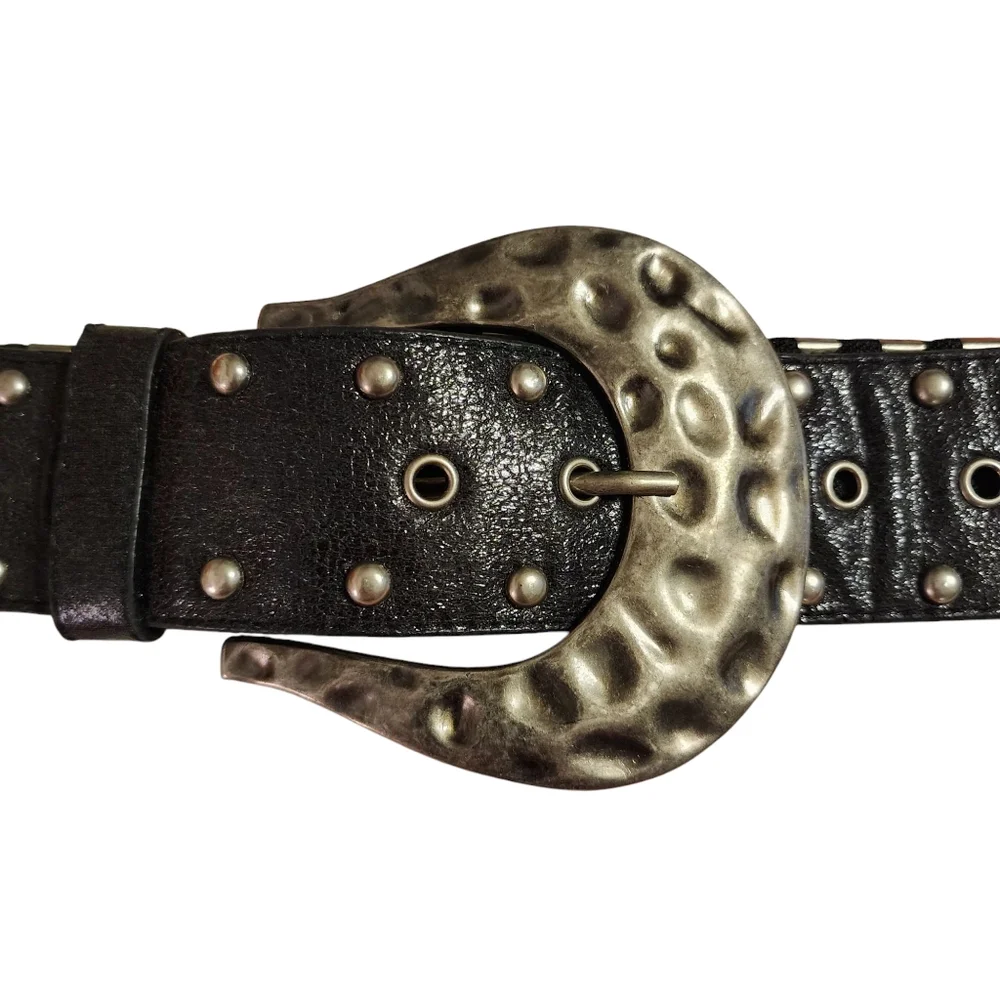 Vintage 90s Y2K Metal Disc Hammered  Stretch Belt w/Large Chunky Buckle |Size XL
